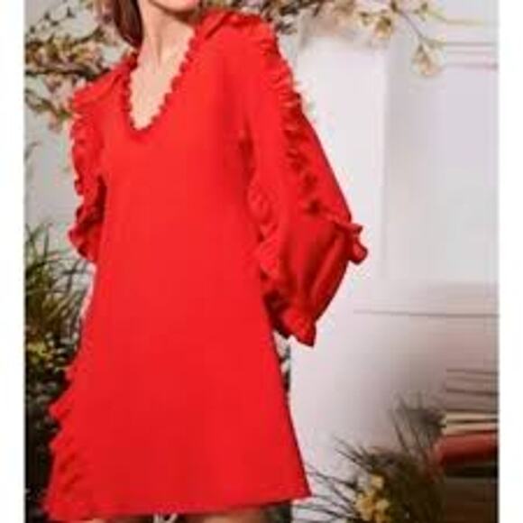 ALEXIS Ceretti Dress in Red Crepe Ruffle Details Long Sleeve No Size FITS SMALL - Picture 3 of 7
